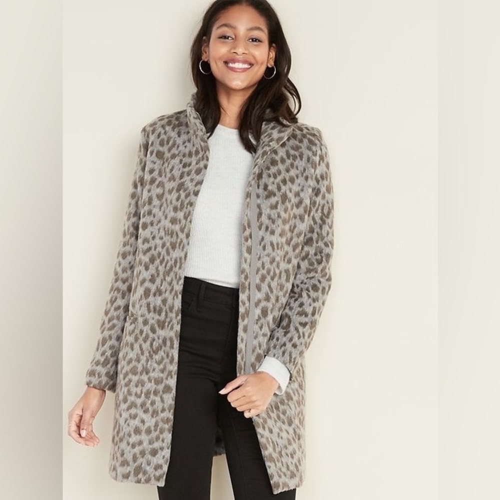 Old Navy Relaxed Soft Brushed truffle Leopard Print Women's wool blend Pea Coat - Picture 2 of 9